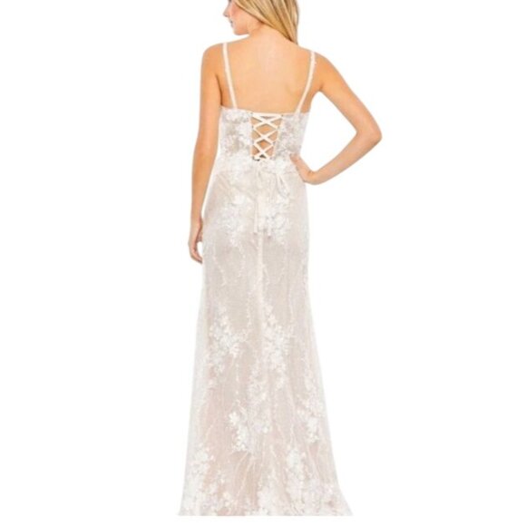 NEW Mac Duggal Glitter Floral Applique Column Evening Gown Ivory Size 12 Wedding - Picture 3 of 16